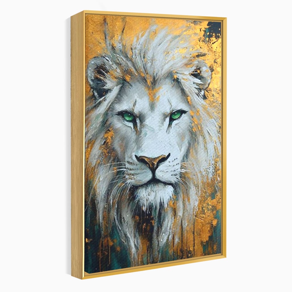 Tablou canvas cu tablou canvas cu leu alb si ochi verzi, in rama de aluminiu auriu
